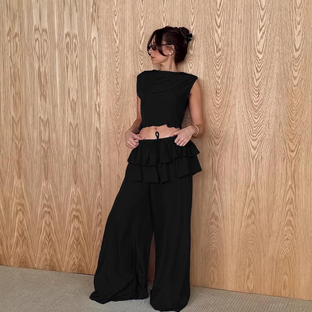 1116 Summer Women's Clothing Set Small and Fresh Design Fungus Edge Sleeveless Vest Splicing Straight Pants Two-piece Set