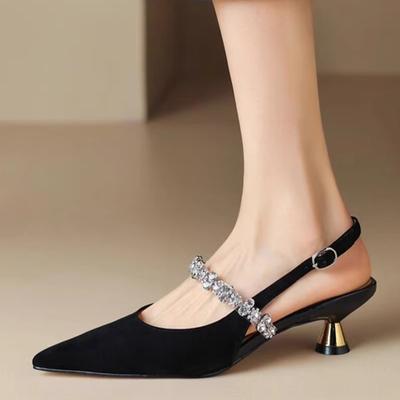 Mode Neue Schwarz Silber Niedrige Absätze Sandalen Damen Glänzende Kristallriemen Spitzschuh Sandalen Frau Slingbacks Pumps Damenschuhe