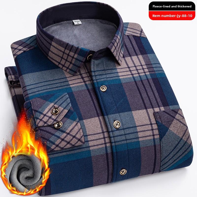Plus Size Men's Thermal Shirt Men's Winter Fleece-Lined Thickened Checkered Long-Sleeved Shirt