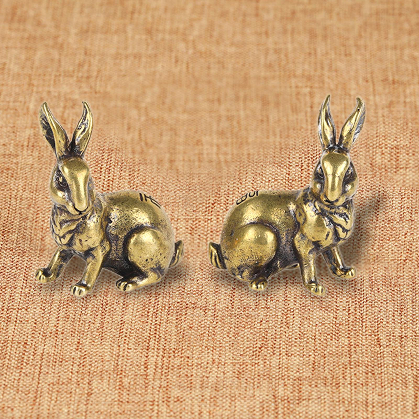 

2Pieces Solid Brass Bunny Figurines Miniature Tea Table Artwork Desktop Ornament Antique Statue