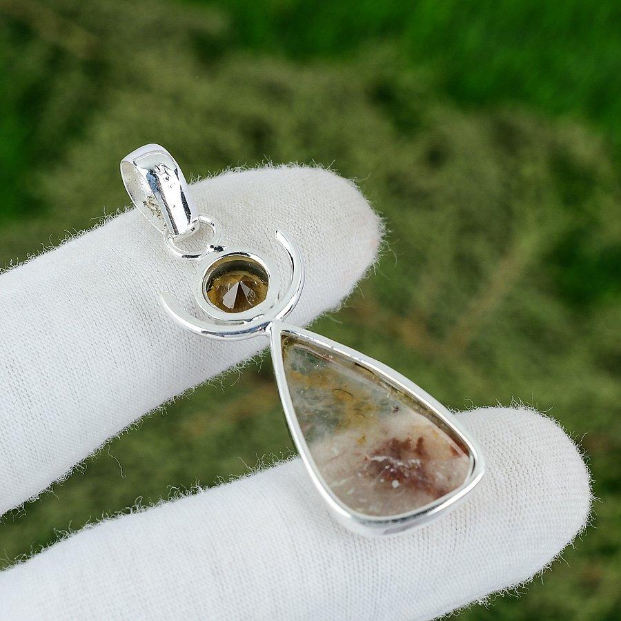 Sterling Silver Elestial Quartz Gemstone Handmade Daughter Bezel Pendant Jewelry
