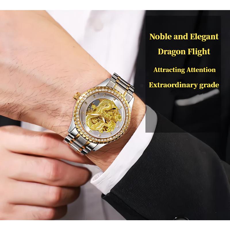 Dulunwe Dragon Watch Skeleton Men's Wrist Watches Luxury Automatic Mechanical Diamond Waterproof Luminous Stainless Steel Watches