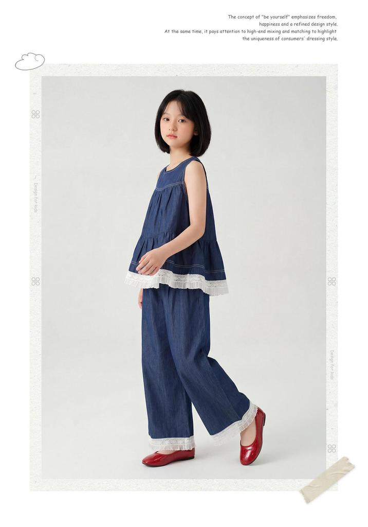 Retro Summer Lace Patchwork Denim Set - Sleeveless Vest & Wide-Leg Pants
