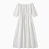 Women Off Shoulder Midi Dress Three Quarter Sleeve Pleated Linen Cotton Blend Loose Fit High Waist Side Slit Summer Casual Dress