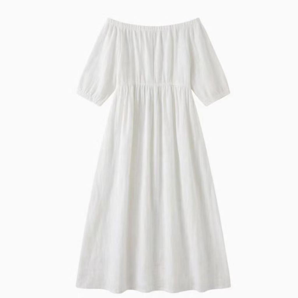 Women Off Shoulder Midi Dress Three Quarter Sleeve Pleated Linen Cotton Blend Loose Fit High Waist Side Slit Summer Casual Dress