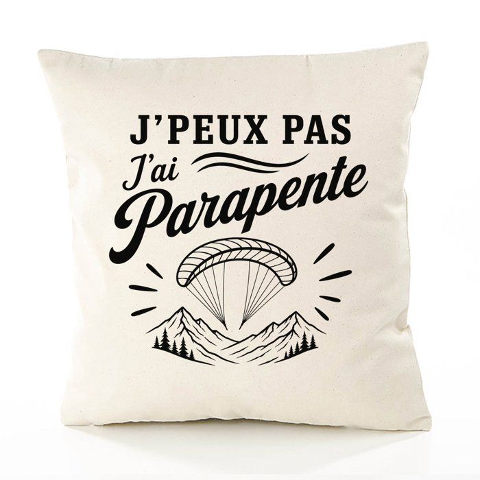 Housse de Coussin J’peux pas j’ai Parapente J'peux pas minimaliste | Coton Canvas Fairtrade 305 g/m² Zip Invisible Taille 50×50 cm