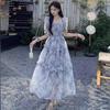 Retro Square Collar Floral Dress Women's Summer New Super Fairy Mori Waist Thin Fungus Edge Long Skirt