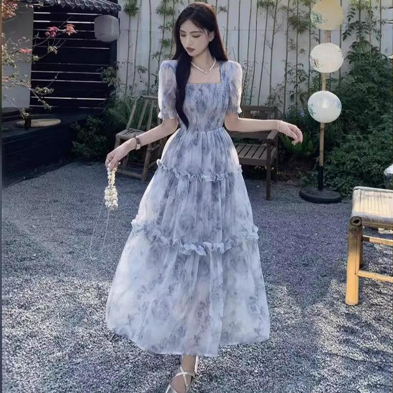 Retro square collar floral dress women's summer new super fairy Mori waist thin fungus edge long skirt