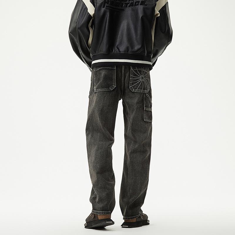 Tooling Denim Black Grey Star Embroidered Spider Web Jeans Men's Straight Loose Casual High Street Trousers