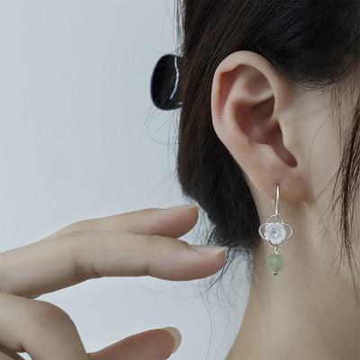 Hetian Jade White Flower Earrings Celebrity Court Style Camellia Ear Hook Hollow Four-Leaf Clover Zircon Flower Earrings