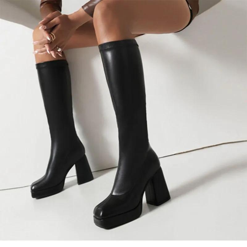 Novas Botas de Cavaleiro de Salto Alto Grosso com Plataforma Grande da Moda Outono/Inverno para Mulheres