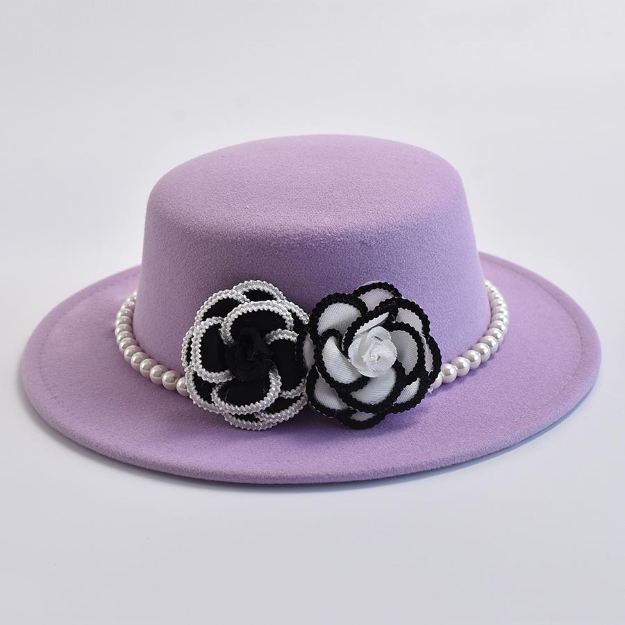 French Style Women's Pearl Chain Fedora Hat Autumen Winter Ladies Flat Top Felt Flat Top Hat
