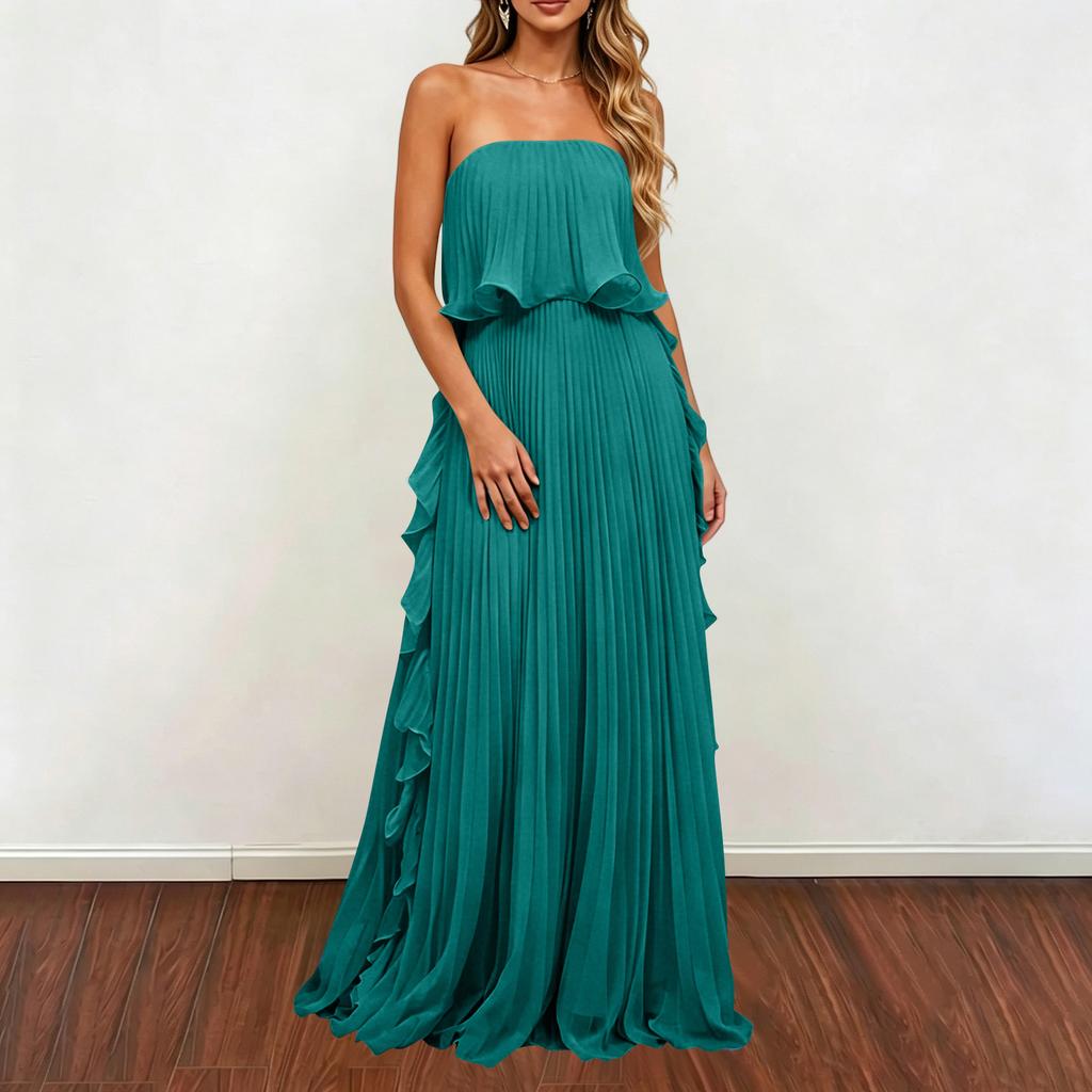 Women Strapless Pleated Maxi Dress Sleeveless Ruffle Hem Chiffon Evening Gown Long Length Summer Fashion Formal Dress