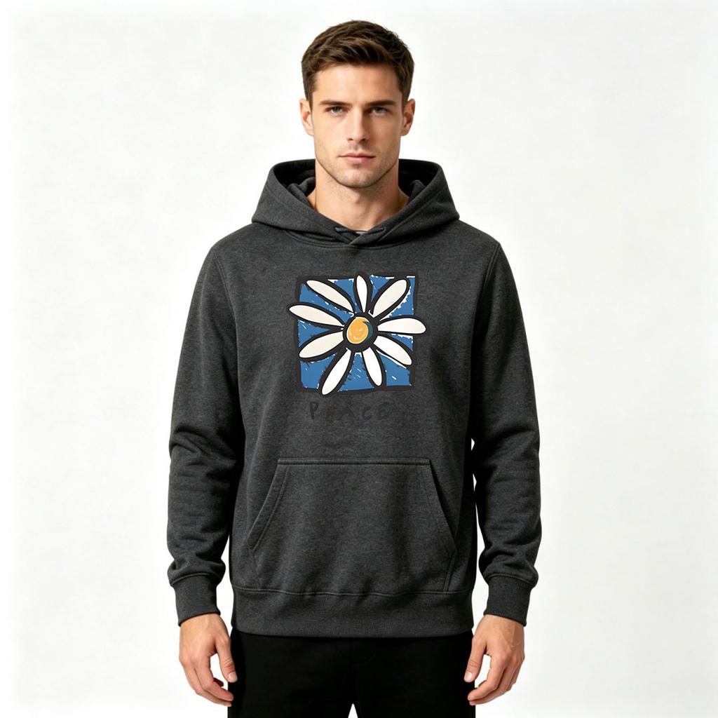 Men's Pullover Hoodie, Peace Daisy Flower Print Casual Long Sleeve Sweatshirt for Daily Wear