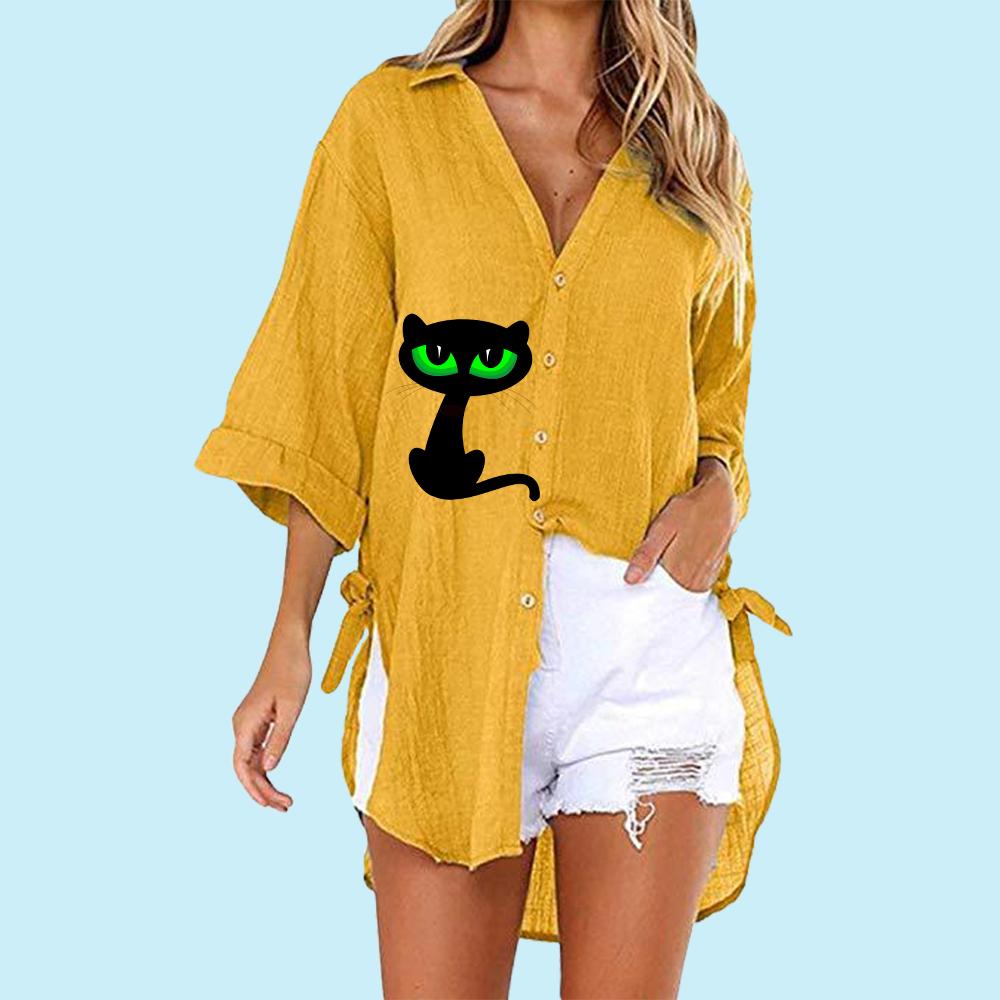 

Жіноча модна сорочка з котячим принтом Літньо-осіння модна футболка з напіврукавом і ґудзиками Жіноча повсякденна вільна довга блузка з V-подібним вирізом 5XL жовтий