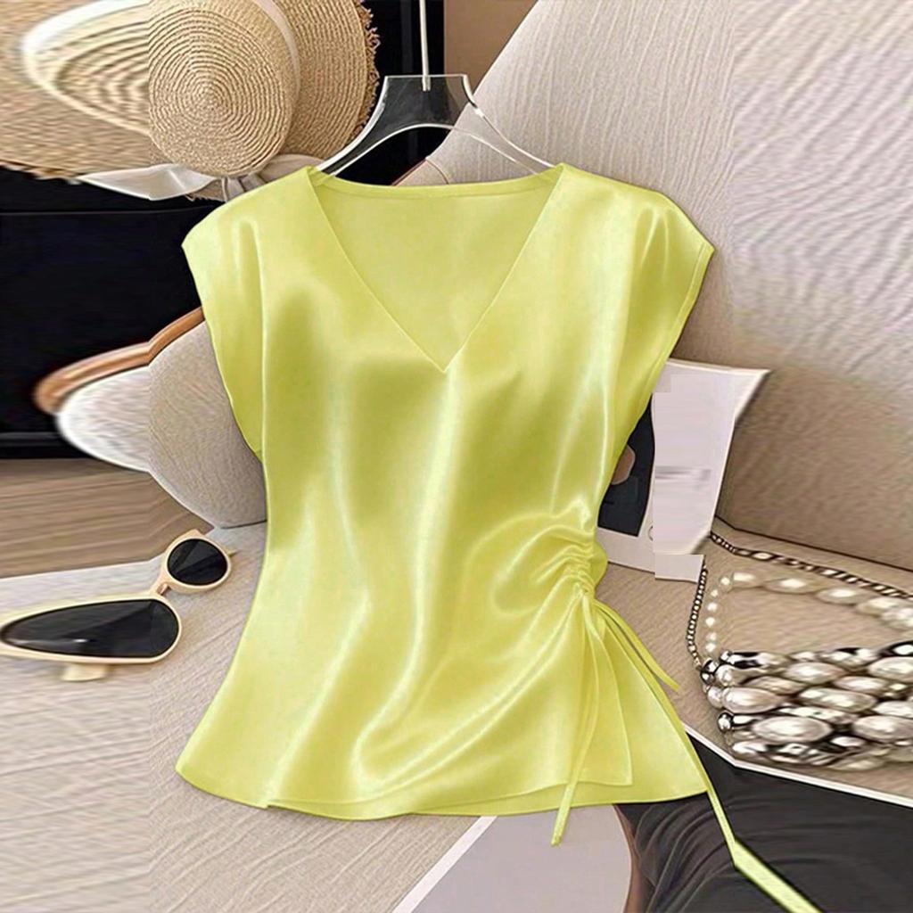 Top Camisa Casual de Satén con Cuello en V y Cordón para Mujer