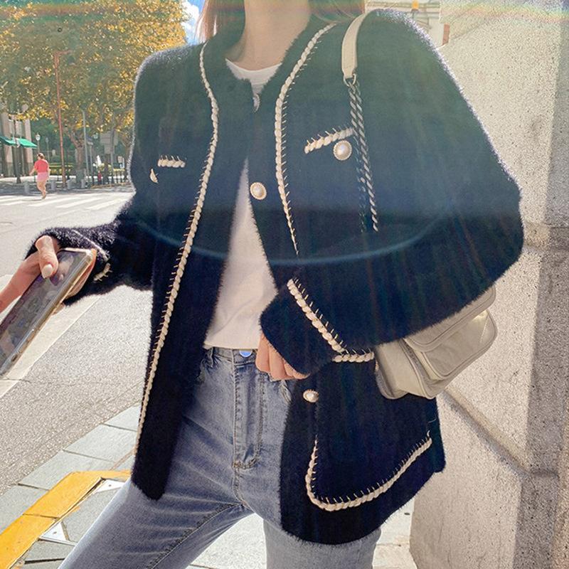 

Укороченный жакет с жемчужной пряжкой, новый свитер-кардиган из искусственного меха норки, женский осенне-зимний вязаный свитер-топ, женский one size fits all чёрный