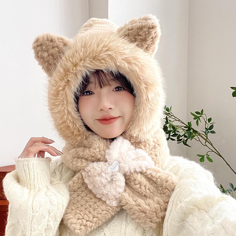 Women's Cozy Fox Ear Plush Hat with Integrated Scarf - Warm, Soft Lei Feng Design for Autumn and Winter. Perfect Ear Protection for Students.
