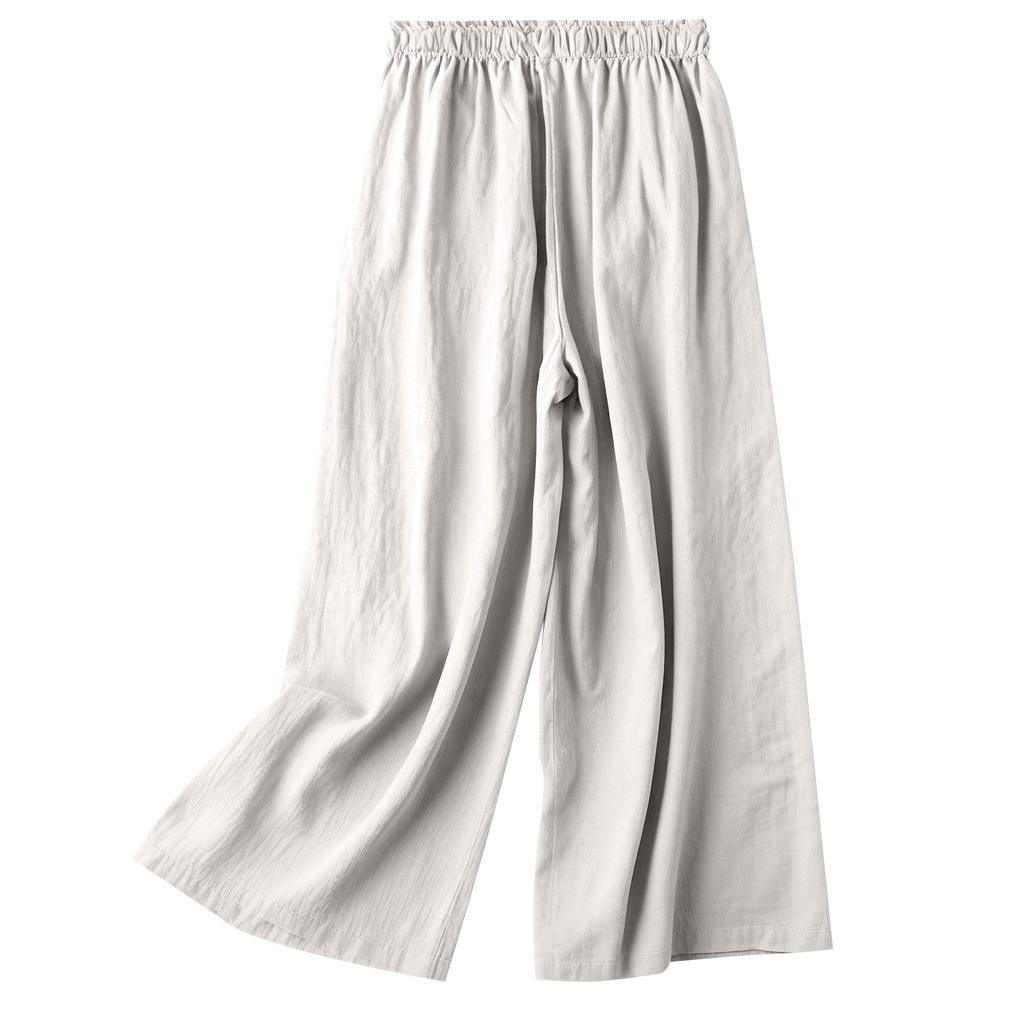 Women's Casual Loose Fit Cotton Linen Blend Lightweight Vintage Ethnic Embroidered Wide Leg Pants Versatile And Flattering 9/10 Length Cropped Pants