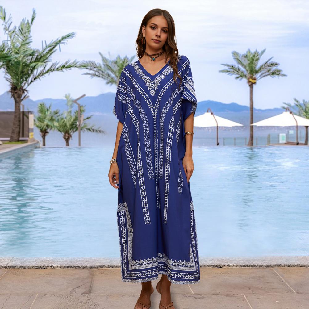 Bikini Cover Up Dress V-Neck Short Sleeve Loose Fit Robe Beach Sun Top Ethnic Style Pattern Side Slit Long Beach Dress