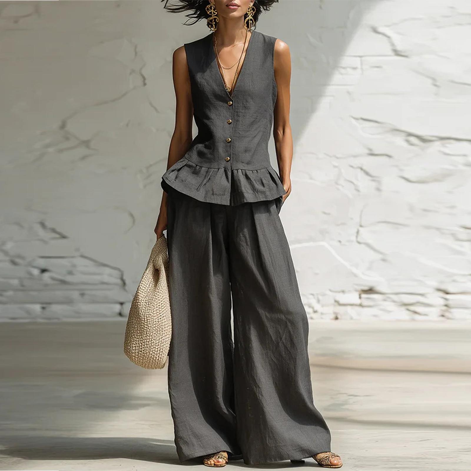 

Women s Fashion Color Sleeveless Cotton Hemp V Neck Sleeveless Top With Elastic Waist Pocket Casual Pants Two Piece Set S