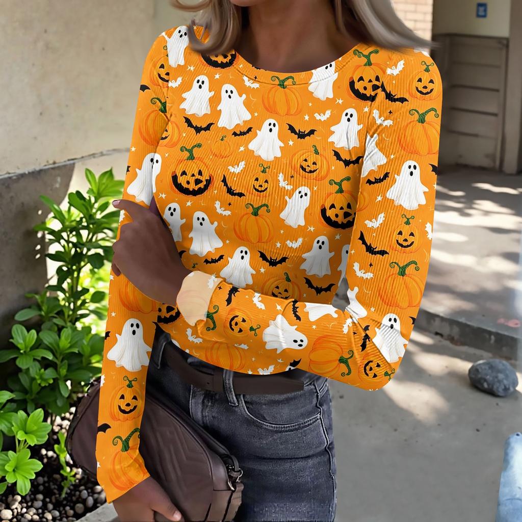 Women's Casual Long Sleeve Ribbed Knit Top Halloween Pumpkin Print Crew Neck Slim Fit Shirt for Fall Seasonal Wear
