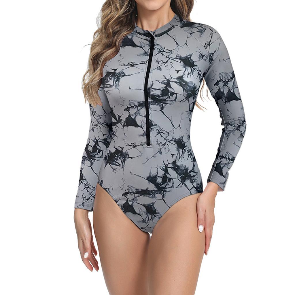 Long Sleeve One Piece Swimsuit for Women Floral Print Rash Guard Front Zipper Bathing Suit Surfing Swimwear UV Protection