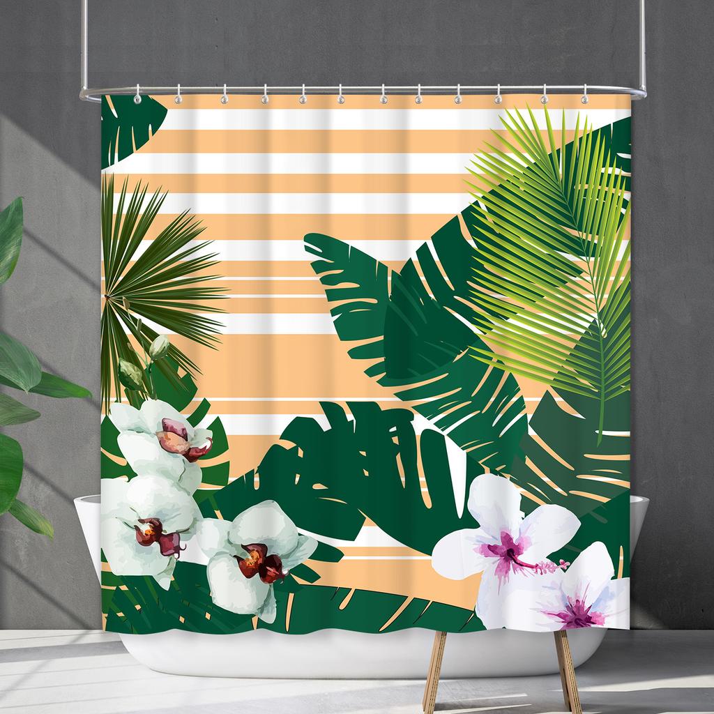 Shower Curtain Waterproof and Mildew-proof Digital Printing Horizontal Strip Plant Flower Printing Shower Curtain Partition Curtain Free Punching