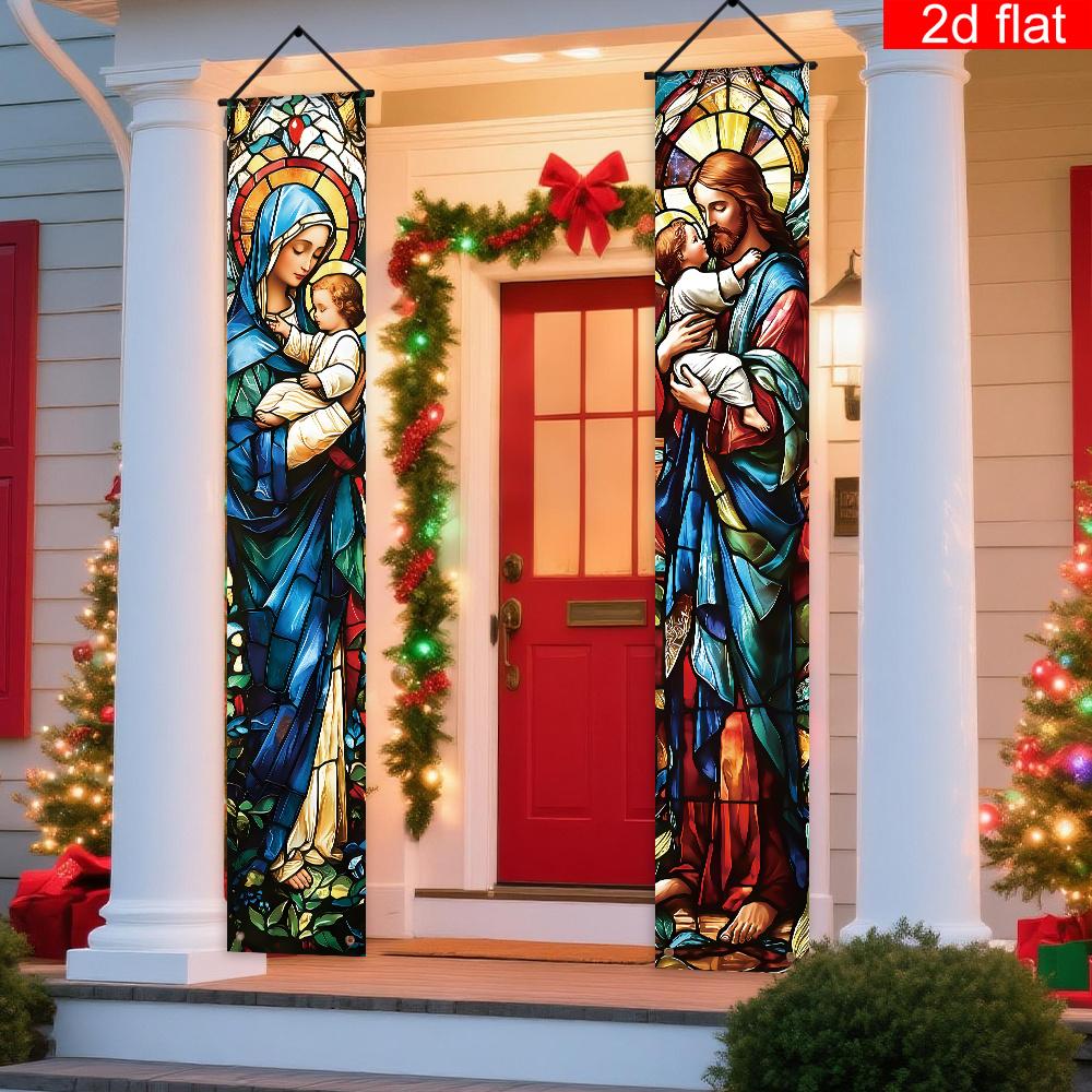 1 Paar 2D Türbanner Jesus Religiöses Thema Partydekoration Festliche Zubehörteile Polyester Couplet-Stoff Feiertags-Fotografie-Requisiten