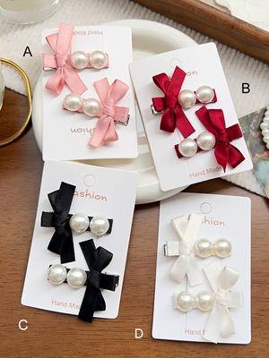2 Stück Rosa Rot Boutique Schleife Perle Band Haarspangen Krokodilklemme für Frauen Mädchen Geschenke, Niedliche Haarstyling-Accessoires Haarspange