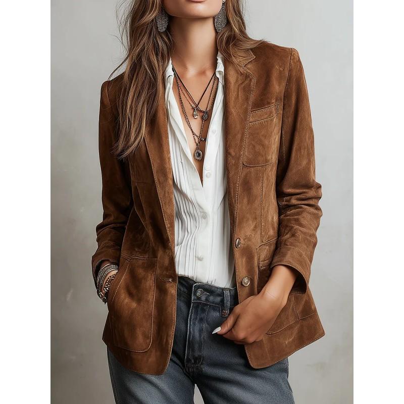 Womens Suede-Like Blazer Jacket Slim Fit