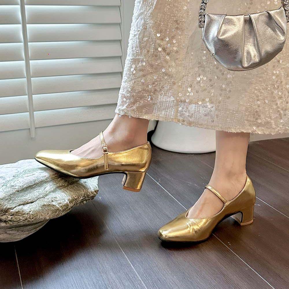 fashion Round Toe Women Pumps 2024 New Arrivals Solid Color Black Silver Gold White Brown Autumn Winter Belt Buckle Dress Shoes Woman 39