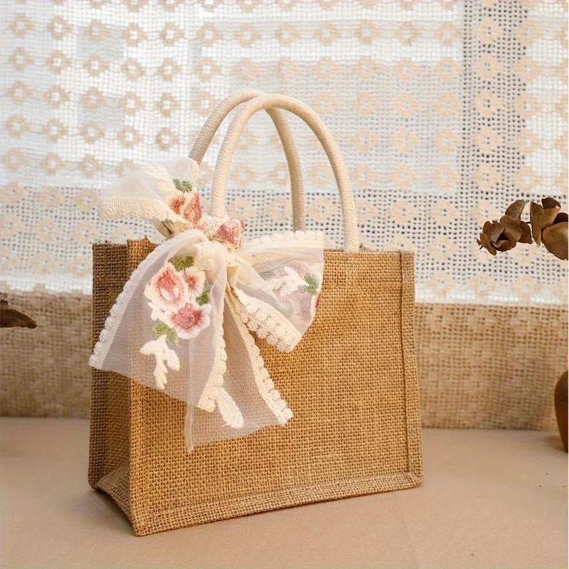 Burlap Tote Bag with Lace Ribb Reusable And Durable, Jute Gift Handbags for Wedding Bridesmaid Grocery Shopping Birthday Party