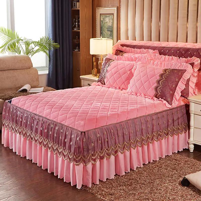 Saia de cama de veludo quente de luxo supermacia, colcha acolchoada de flanela grossa, capa de cama antiderrapante, fronha não incluída, cubre cama