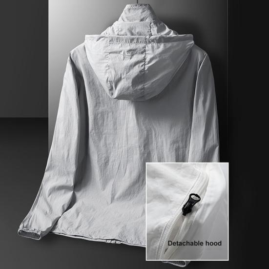 Letní venkovní sluneční ochranný kabát s kapucí a dlouhým rukávem, zipem a rozparkem, jednobarevný, 360stupňové pokrytí, ledově hedvábný, anti-UV svrchní oblečení
