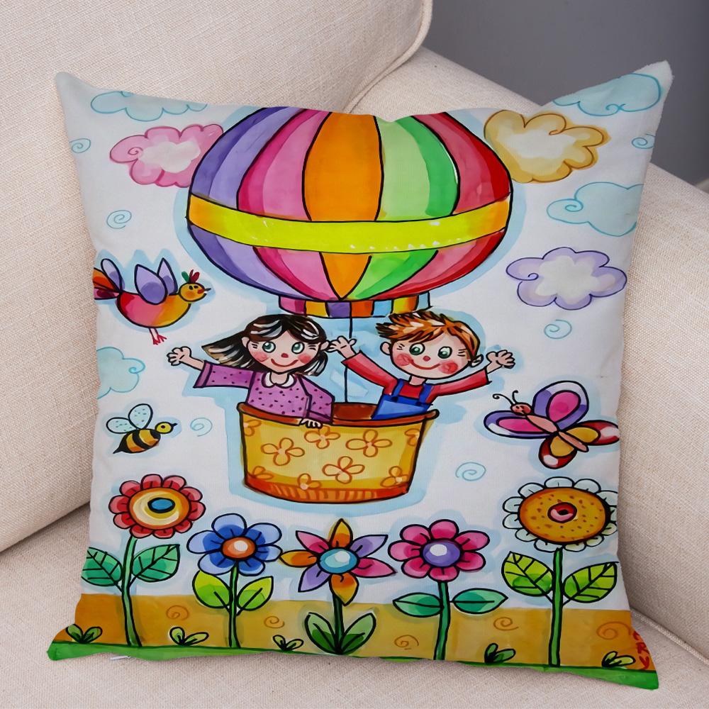 Children Oil Painting Art Cushion Cover Both Sides Plush Pillow Case Decor Cartoon Plant Throw Pillowcase for Sofa Home Car