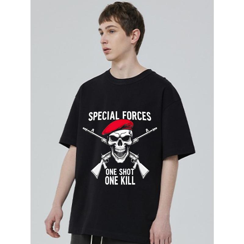 Men's Black T-Shirt Special Forces Skull Beret Crossed Rifles One Shot One Kill Graphic Print Casual Streetwear Military Style Top