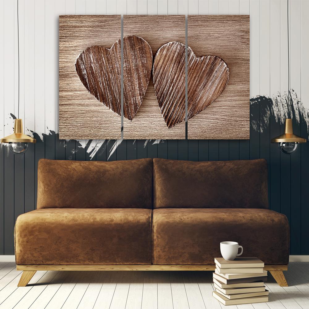 Three Piece Picture Canvas Print Heart Wood Brown Retro