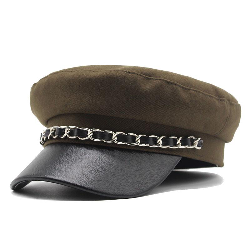 Pu Woolen Chain Flat Top Hat Season Male And Female Couples Student Hat Trendy Hat Navy Hat Beret