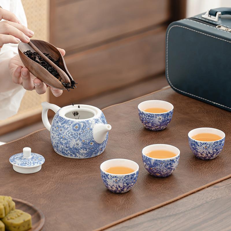 Travel tea set, flowering Ru kiln kung fu, a pot of four cups, portable express cup, outdoor tea maker, souvenir