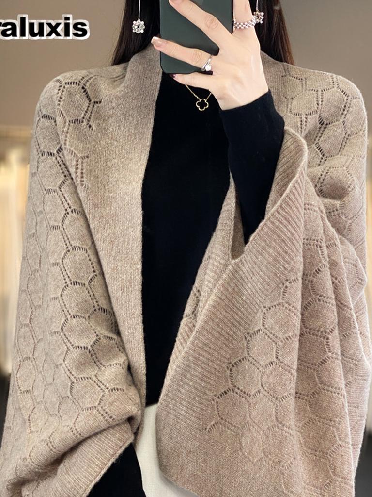 Autumn Winter Hollow Knit Open Cardigan Cape Shawl Outerwear Women Loose Korean Style Outfit with Cheongsam
