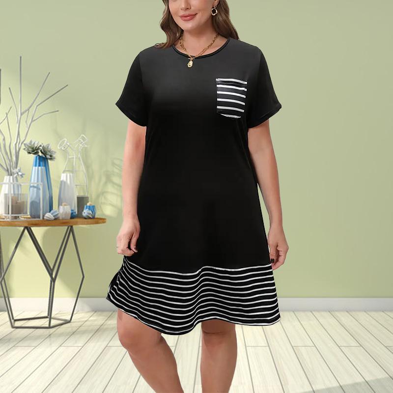 Mode für Damen, lockerer, einfacher Druck, O-Ausschnitt, kurze Ärmel, Blätter-Druck, lockere Streetwear, A-Linien-Kleid