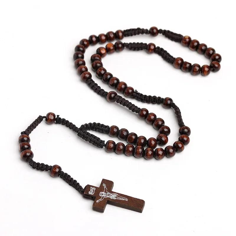 Catholic Wood Beads Necklace For Women Crucifix Cross Pendant Braided Rope Chain Rosary Necklace Men Religious Prayer Jewelry