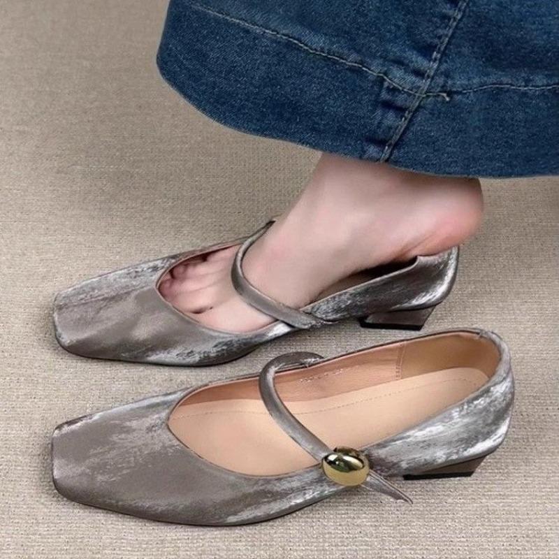 Block Heel Single Shoes Women's Square Toe Shallow Mouth One Slip with Cloth Face Soft Sole Non-slip Low Top Shoes