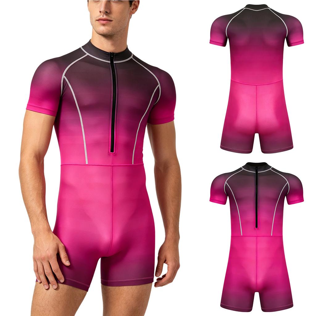Costume da bagno intero da uomo a colori sfumati S-3XL Manica corta Zip frontale Pantaloncini a pantaloncino Tuta Rash Guard per Surf Nuoto Subacquea