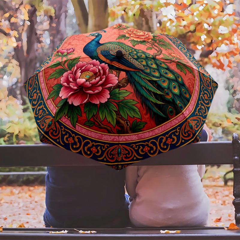 Peacock and Golden Bird Among Flowers Printed umbrella windproof folding umbrella portable sun and rain umbrella suitable for gifting