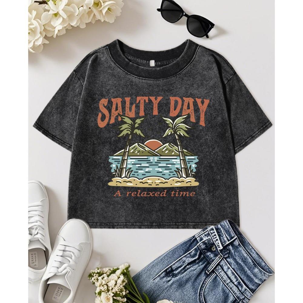 Salty Day A Relax Time Coconut Tree Beach Print Washed T Shirt Women Cotton Crop Clothes Comfortable Casual Top