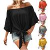 Women's Pleated Off The Shoulder Flowy Tops Sleeve Tie Knot Casual Vacation Blouse Ruched Shirts Plus Size