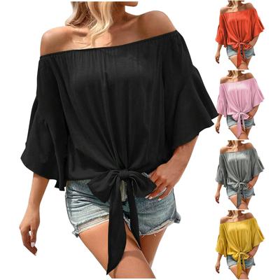 Women's Pleated Off The Shoulder Flowy Tops Sleeve Tie Knot Casual Vacation Blouse Ruched Shirts Plus Size