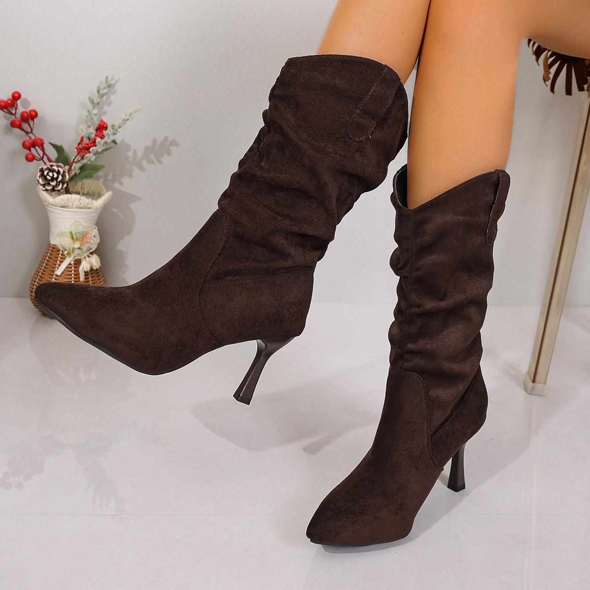 

Ботильоны большого размера с острым носком и высоким каблуком, модные, 2025, зима, новые плиссированные ботильоны средней высоты для женщин 41